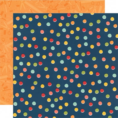Multi-Colored (Side A - brightly colored polka dots on a navy blue background, Side B - orange images of school supplies on orange background)