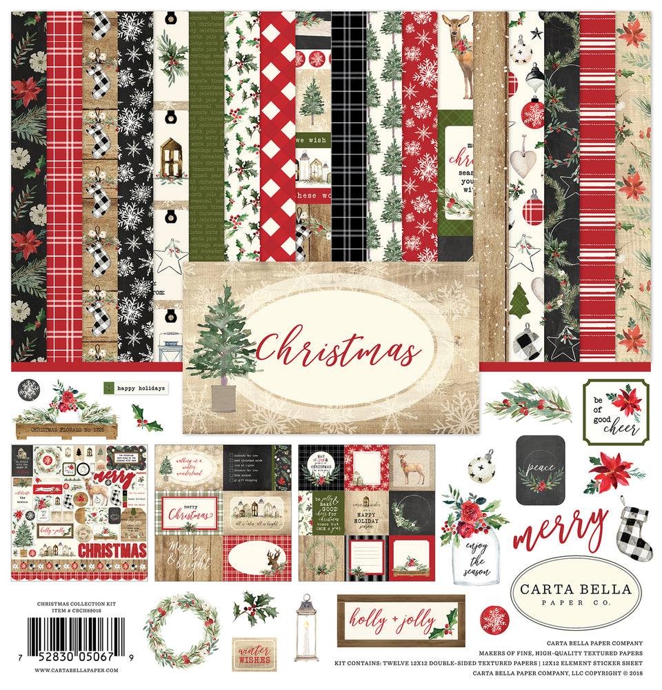 Carta Bella Paper Co. FARMHOUSE Christmas Collection Kit, Twelve 12X12  Double-sided Sheets and 12X12 Sticker Sheet, Christmas Papercraft 