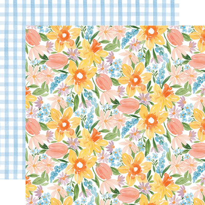 The front side of this paper is full of water colored flowers in pastel colors and the reverse side is a blue and white gingham print. 