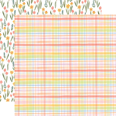 The front side of this paper is a pastel plaid design and the reverse side is full of small springtime flowers in a variety of colors.
