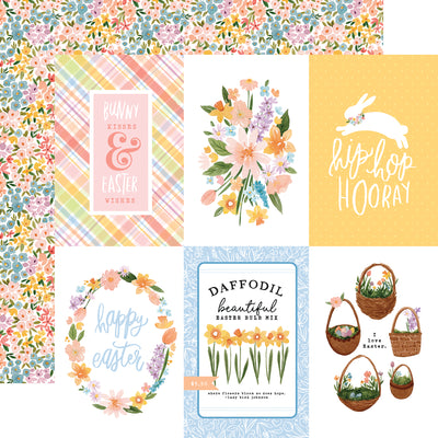  The front side of this paper has six 4" x 6" journaling cards with springtime flowers, a bunny, Easter baskets filled with eggs or flowers, and more. The reverse side is full of small flowers in pastel colors. 