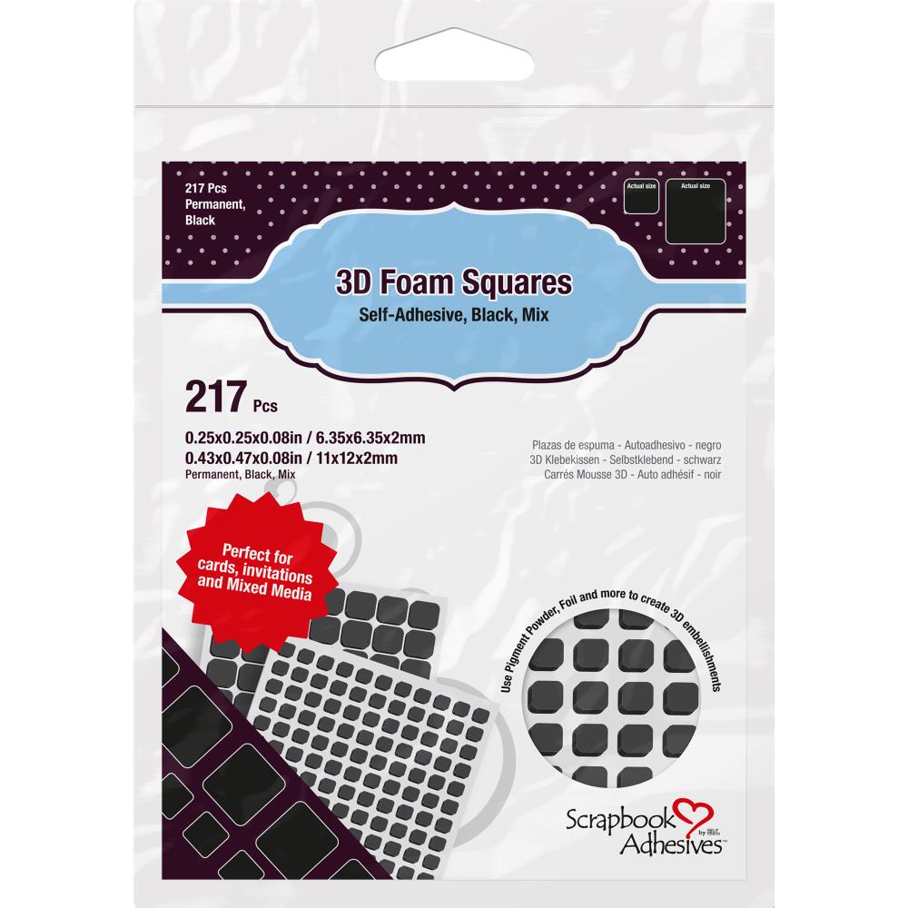 Add some dimension and delight to your crafts with the Black 3D Foam Squares by Scrapbook Adhesives for 3L. There are 217 black foam circles included in the package that measure .5" and .25".