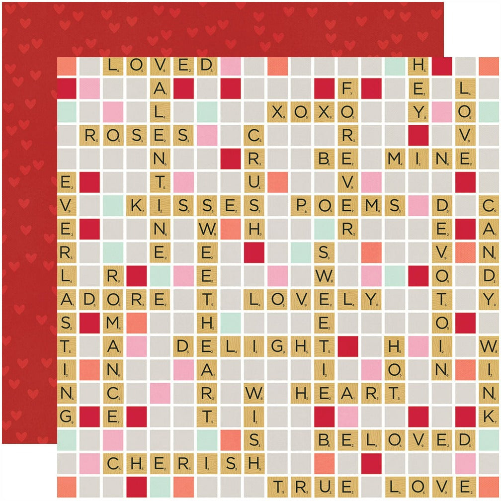 (Side A - A Valentine scrabble board, Side B - little red hearts on a dark red background) - Simple Stories