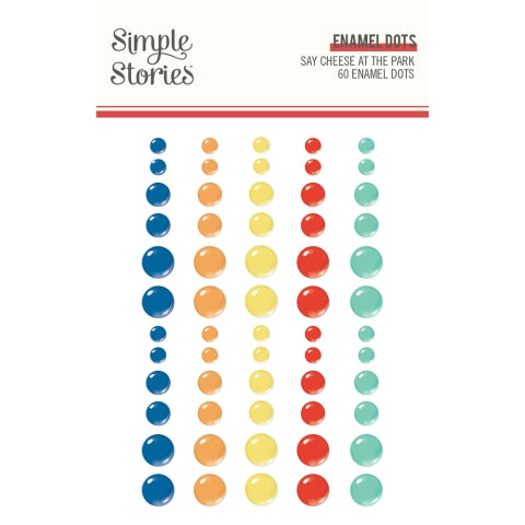 60 Enamel Dots in 5 coordinated bright colors. Three sizes. Adhesive back. Designed to coordinate with any paper craft project. Simple Stories.