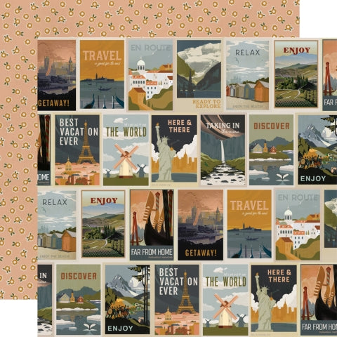 (Side A - rows of postcards from around the world, Side B -little flowers all over on a peach background)