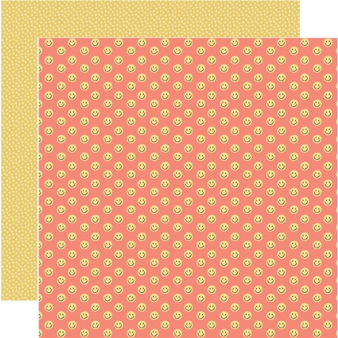 (Side A - happy little smiling faces on a coral background, Side B -little polks dots all over on a yellow background)