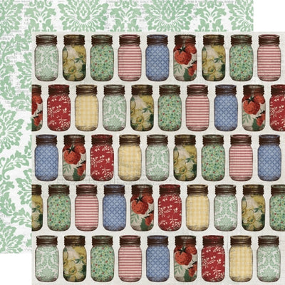 (Side A - rows of mason jars with various prints on the jars, Side B - green damask on a white newsprint background)