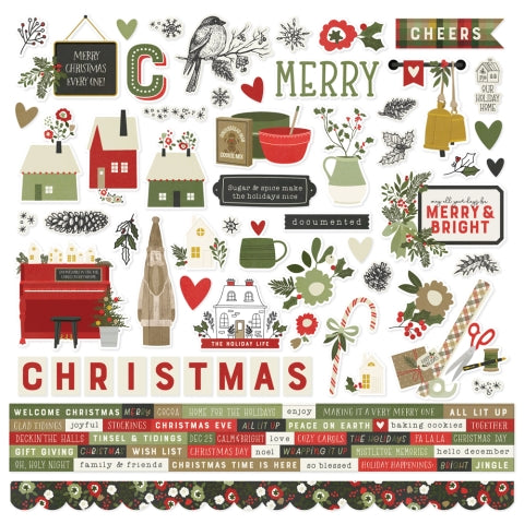 Holiday Life 12" x 12" Cardstock Stickers from Holiday Life Collection by Simple Stories. Stickers include Christmas phrases, piano, candy, houses, borders, and more!