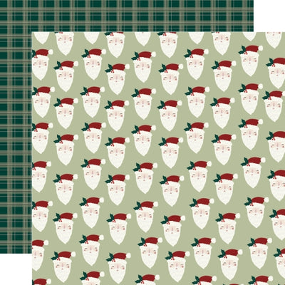 (Side A features rows of Santa faces on a light green background; Side B has a dark green background with cream plaid) - Simple Stories.
