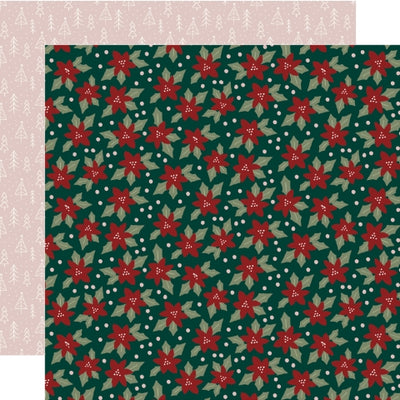 (Side A has red poinsettias with white dots on a dark green background; Side B has white outlines of Christmas trees and dots on a pink background) - Simple Stories.