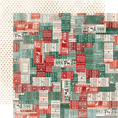 12x12 double-sided patterned paper, (Side A features vintage Christmas tickets in red, green, and cream. Side B showcases distressed vintage red and green polka dots on a cream background.) - Simple Stories.