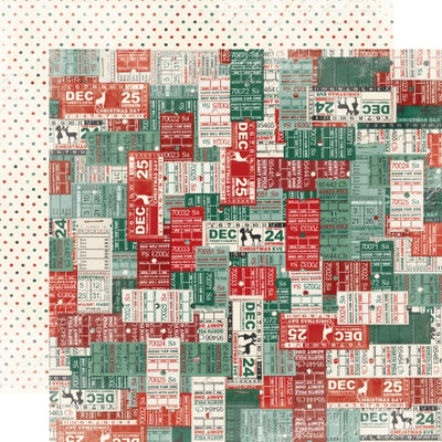 12x12 double-sided patterned paper, (Side A features vintage Christmas tickets in red, green, and cream. Side B showcases distressed vintage red and green polka dots on a cream background.) - Simple Stories.