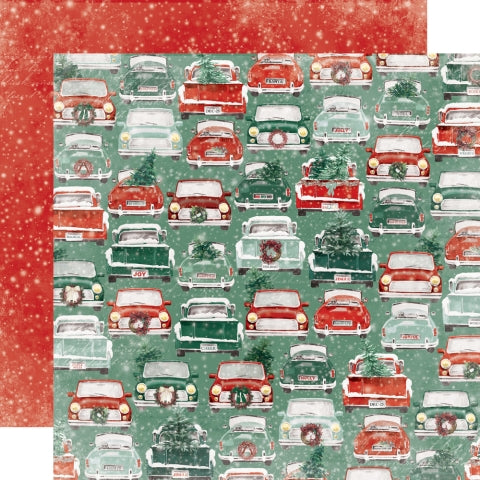 12x12 double-sided patterned paper, (Side A features old vintage Christmas cars and trucks in red and green. Side B showcases a distant star pattern on a red background.) - Simple Stories.