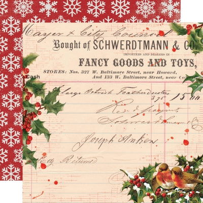 12x12 double-sided patterned paper (Side A - vintage receipt background with birds, holly, and berries on the bottom right corner; holly and berries on the other corners. Side B - white snowflakes on a red background) - Simple Stories.