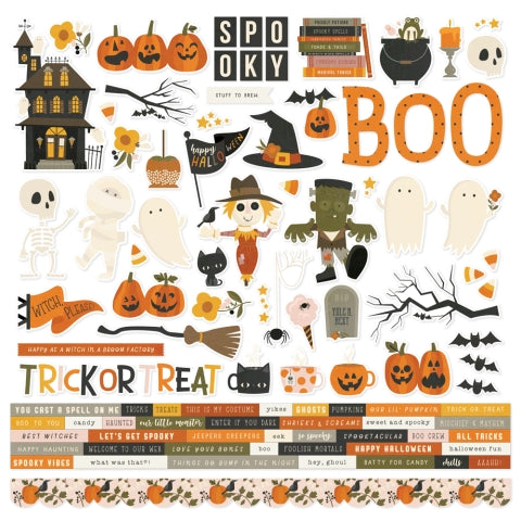 Halloween 12" x 12" Cardstock Stickers from the FaBOOlous Collection by Simple Stories. Stickers include phrases, haunted houses, pumpkins, ghosts, skeletons, borders, and more!