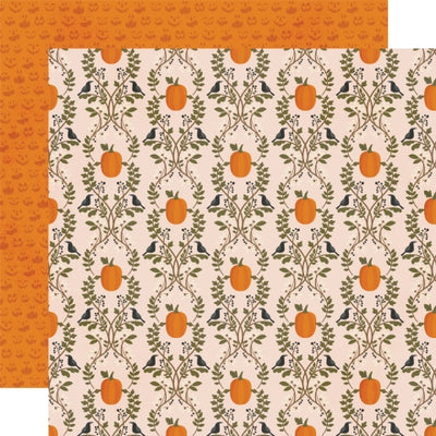 12x12 double-sided patterned paper, (Side A - repeating motif pattern with vines, pumpkins, and ravens on a beige background; Side B -an orange background with pumpkin faces) - Simple Stories.