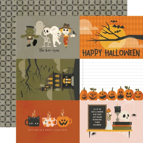 12x12 double-sided patterned paper, (Side A - six 4x6&nbsp; Halloween journaling elements, Side B - gray background with a geometric pattern) - Simple Stories.
