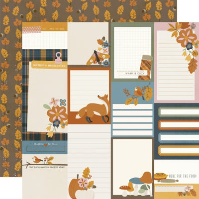 12x12 double-sided patterned paper, (Side A - 4x6 Fall journaling elements, Side B - rows of orange and yellow fall leaves on a brown background) - Simple Stories.