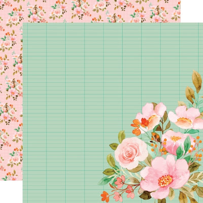(Side A - mint green ledger paper background with flowers in one corner, Side B - clusters of pink flowers on a pink background) - Simple Stories