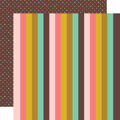 12x12 double-sided pattern paper. (Side A - bold stripes in pink, brown, mint, and yellow; Side B - mini polka dots on a brown background) - Simple Stories