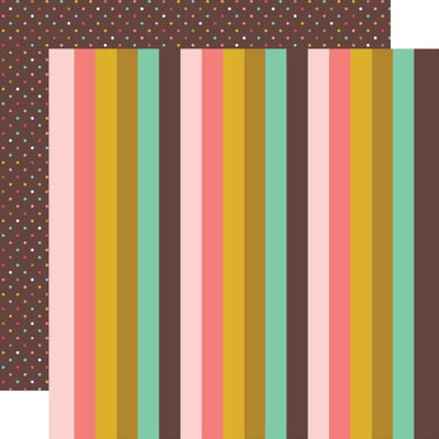 12x12 double-sided pattern paper. (Side A - bold stripes in pink, brown, mint, and yellow; Side B - mini polka dots on a brown background) - Simple Stories