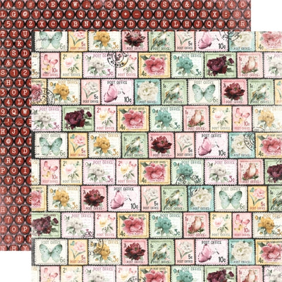 12x12 double-sided patterned paper (Side A - floral vintage stamps, Side B - typewriter key background) - Simple Stories.