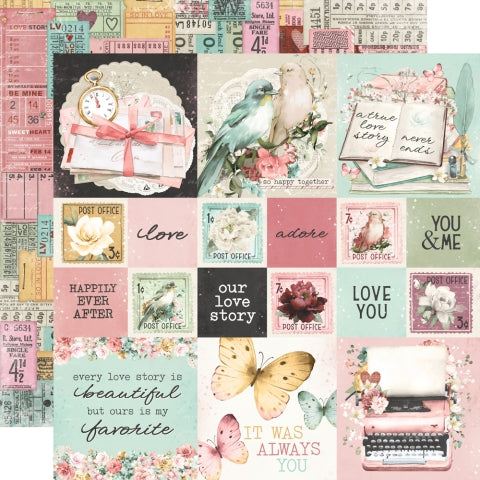 12x12 double-sided patterned paper (Side A - 2X2/4x4 journaling elements, Side B - a collage of vintage tickets and tags) - Simple Stories.