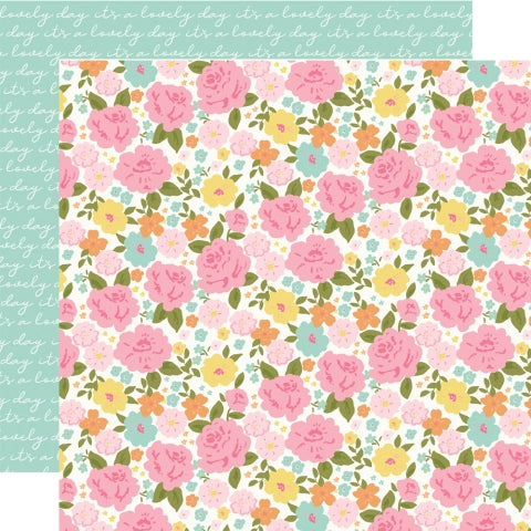a seamless pattern with the phrase "lovely day it's a lovely day" repeated in a handwritten-style font across a light teal background.