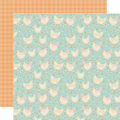 Patterned paper with chickens on a blue background, orange plaid reverse.