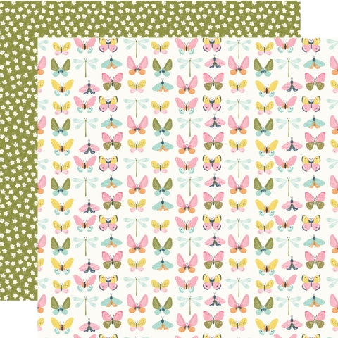 Butterfly-patterned paper with white flowers on a green background, reverse.