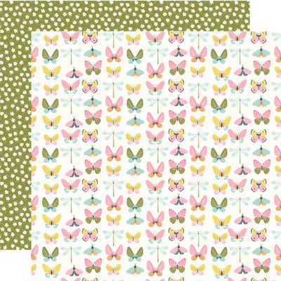 Butterfly-patterned paper with white flowers on a green background, reverse.