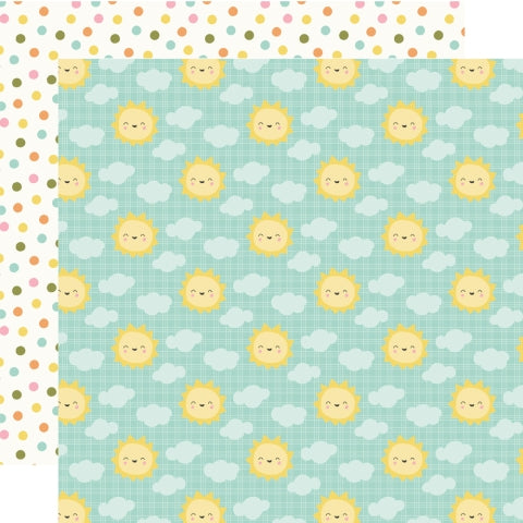 Patterned paper with cartoon suns and clouds on a blue background, multi-colored polka dots reverse.