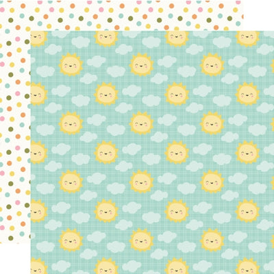 Patterned paper with cartoon suns and clouds on a blue background, multi-colored polka dots reverse.