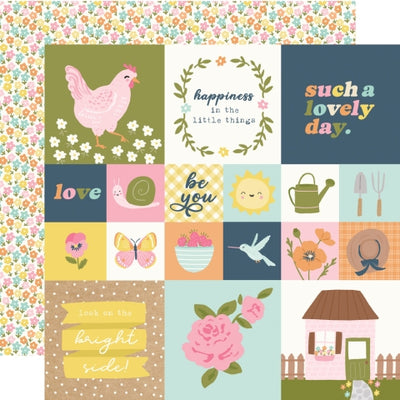Collage of various illustrations including a pink chicken, flowers, and text, floral pattern reverse.