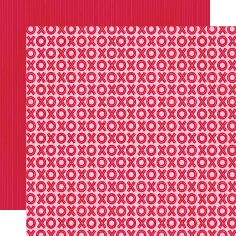 Red and pink patterned paper with 'XO' design, red pinstripes reverse.