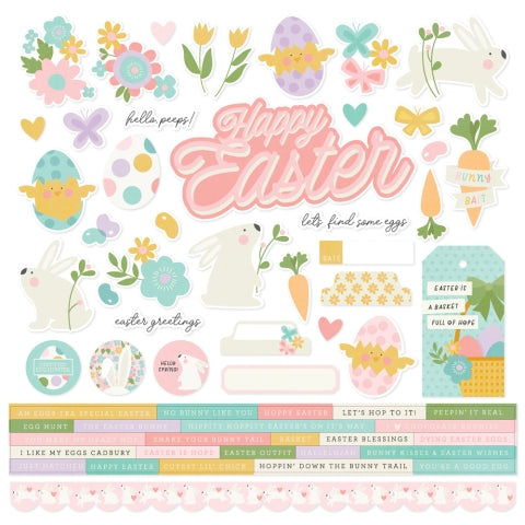 Collection of Easter-themed stickers with bunnies, eggs, and flowers on a white background.