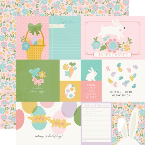 Colorful Easter-themed paper with bunnies, eggs, and floral patterns.