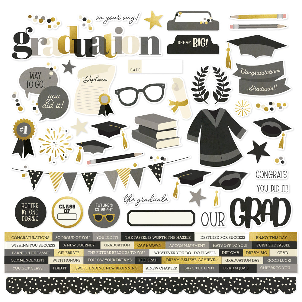 Graduation 12" x 12" Cardstock Stickers from the Graduation Collection by Simple Stories. Stickers include grad phrases, cap &amp; gown, awards, books, banners, borders, and more!