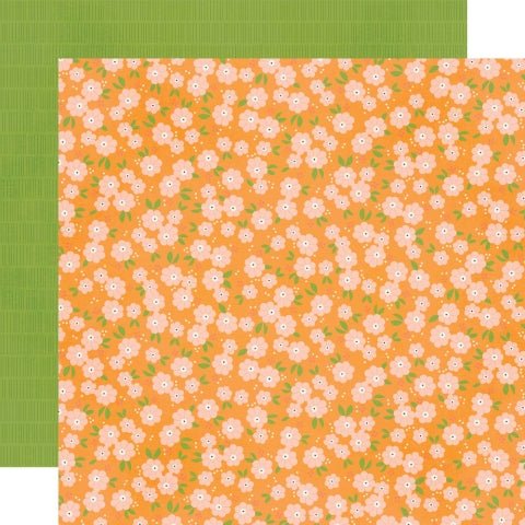 (Side A - floral pattern on an orange background, featuring small, light pink flowers with white centers and small green leaves scattered throughout, Side B - a solid lime green background with a subtle, very fine horizontal dashed or textured pattern)