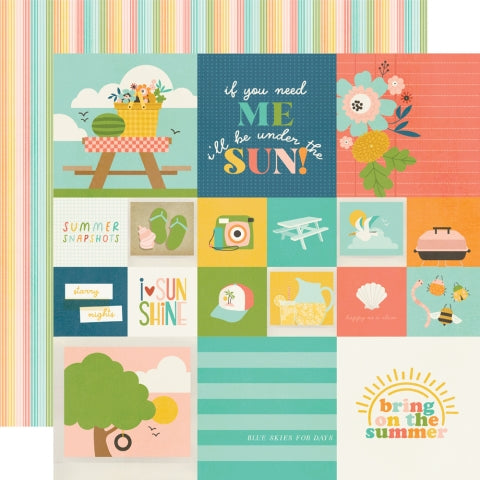 Colorful, patterned paper with summer-themed designs and text, striped reverse.