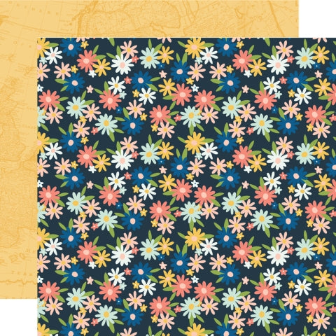 (Side A - floral pattern on a dark blue background. The pattern consists of various small flowers in shades of white, pink, yellow, and light blue, Side B - a faded, monochromatic map, predominantly in shades of orange or sepia tones)