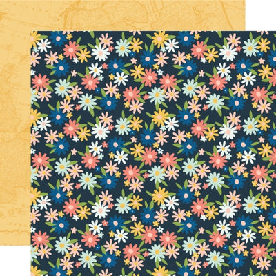 (Side A - floral pattern on a dark blue background. The pattern consists of various small flowers in shades of white, pink, yellow, and light blue, Side B - a faded, monochromatic map, predominantly in shades of orange or sepia tones)