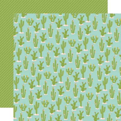 Patterned paper with green cacti on a blue background