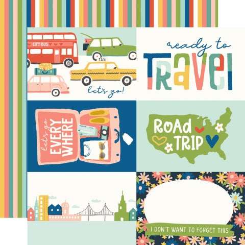 Travel-themed paper with colorful graphics and text with a striped background reverse.