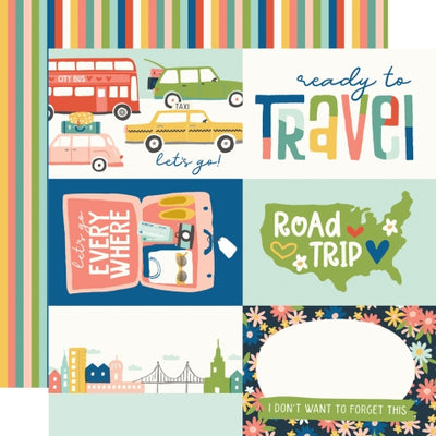 Travel-themed paper with colorful graphics and text with a striped background reverse.