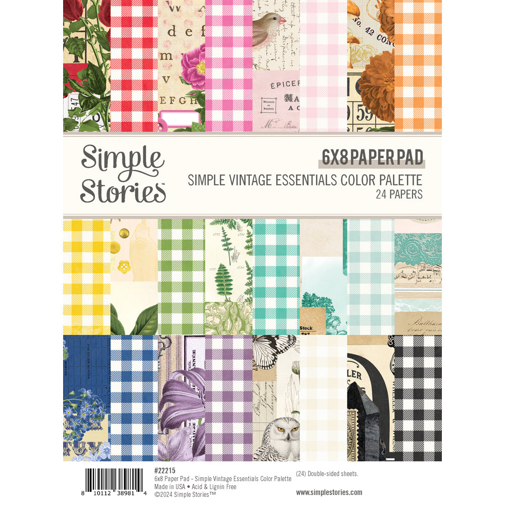 SIMPLE VINTAGE ESSENTIALS COLOR PALETTE 6x8 Paper Pad, Simple Stories - 6x8 pad vintage collage and related paraphernalia; fun for cards and papercrafts; includes 24 double-sided pages.