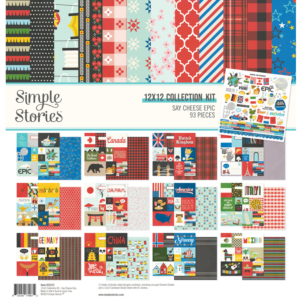 Say Cheese Epic Collection Kit includes 12 sheets of double-sided 12x12 Designer Cardstock, including cut apart Journal, Tags, and Element Sheets, and a 12x12 Cardstock Sticker Sheet (81).