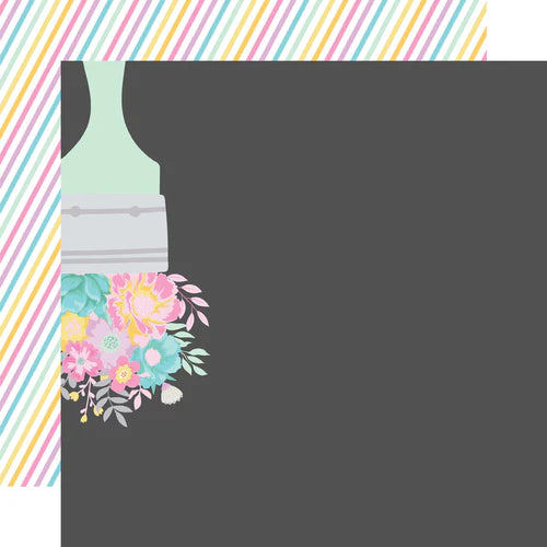 Floral design with a paintbrush on a black background, with pastel diagonal stripes in reverse.