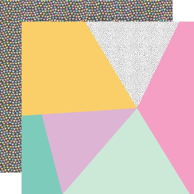 Colorful geometric pattern with triangles with pastel hearts all over a gray background.