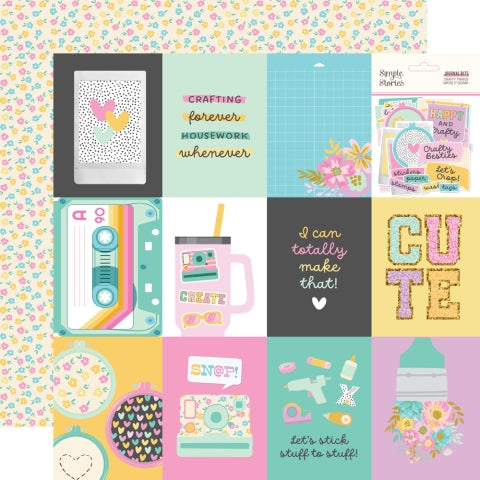 (Side A - a grid of twelve distinct squares, each featuring a unique design related to crafting, leisure, and positive sentiments, all rendered in a bright and playful pastel color palette, Side B - tiny, delicate flowers scattered across a pale, creamy background. The flowers are in soft pastel shades of pink, blue, and yellow)